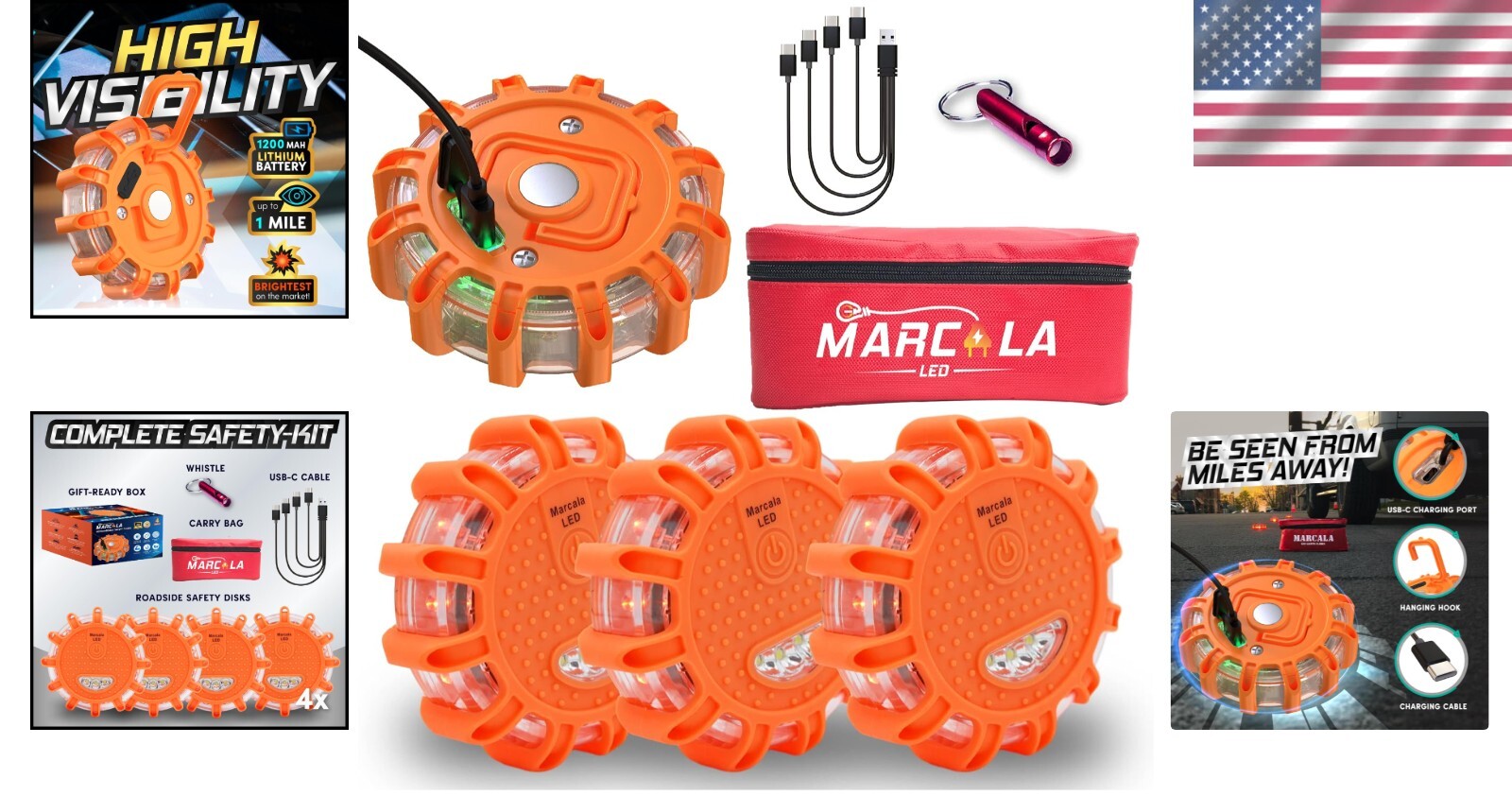 4-Pack Rechargeable LED Emergency Flares - 30-Hour Run Time & High Visibility