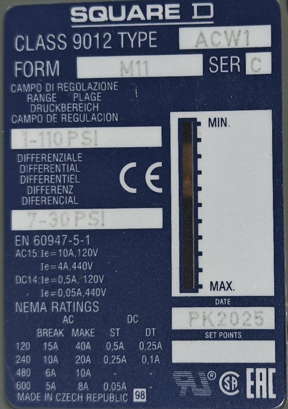 Square D 9012 ACW1 Pressure Switch Form M11
