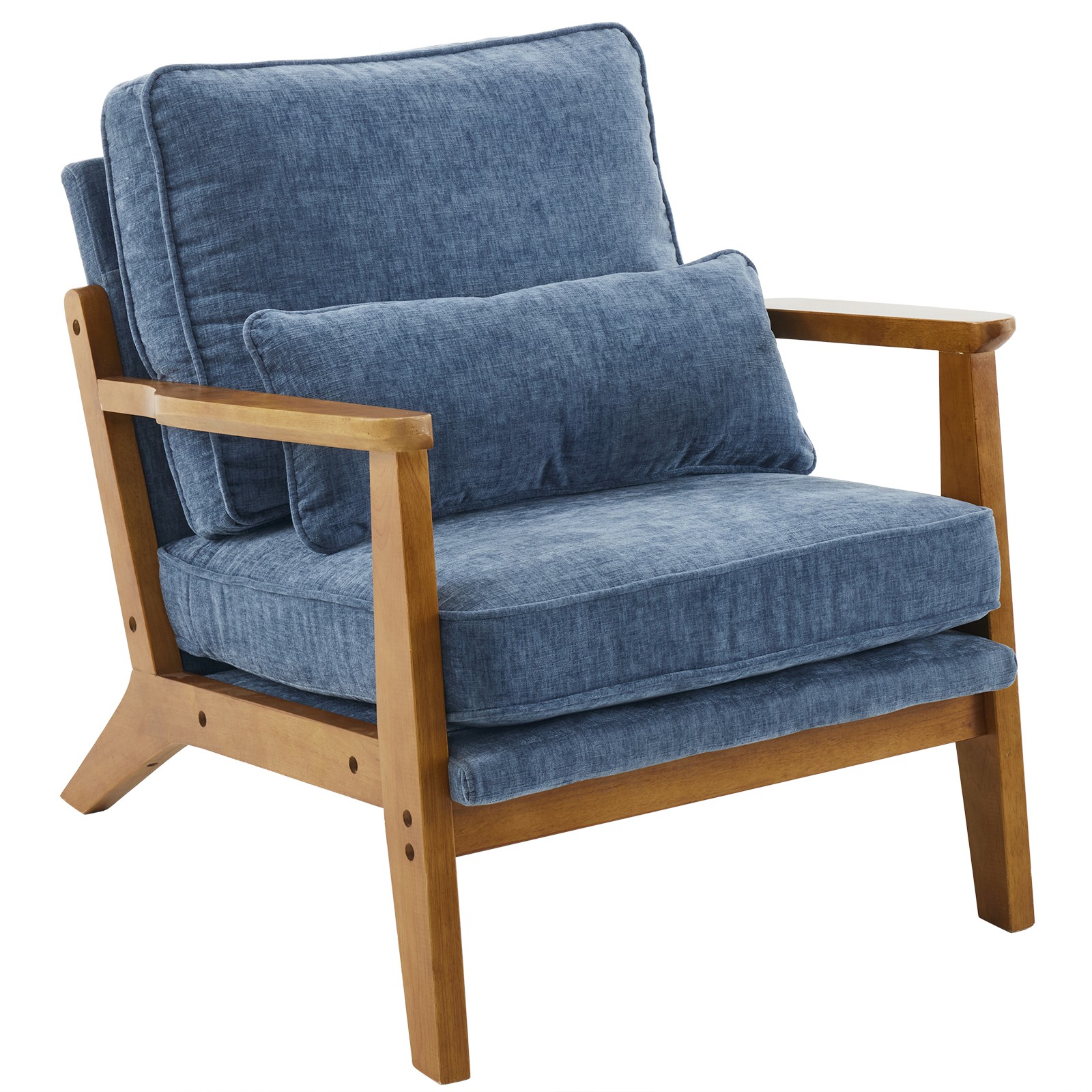 Mid Century Modern Accent Chair with Lumbar Pillow & Oak Arms Dusty-Blue
