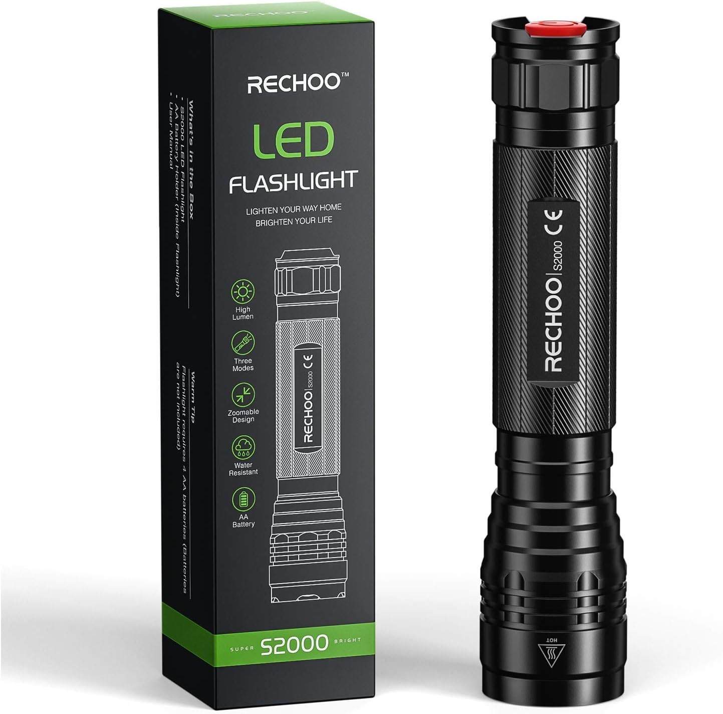 RECHOO S2000 LED Flashlight High Lumens, Super Bright, 1 Pack, Black