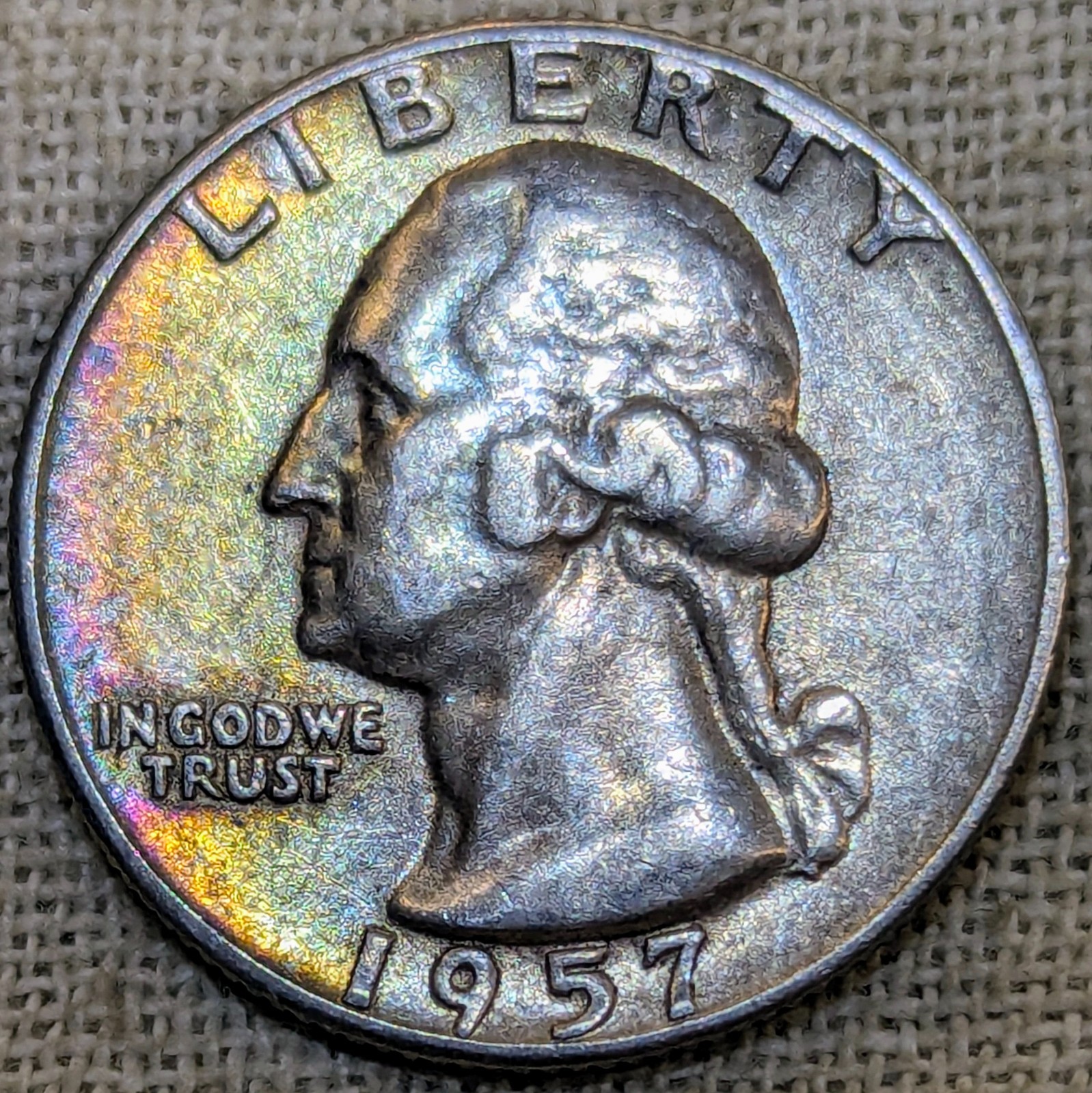 1957 Washington Quarter XF/AU : Rainbow Tone, Extra Fine to AU - .9 Fine Silver