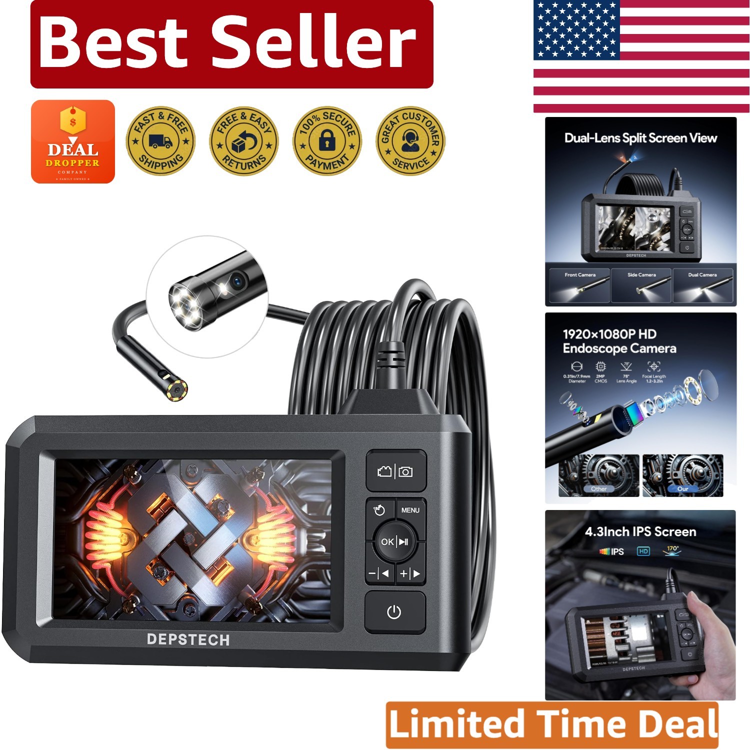 Dual Lens Borescope Inspection Camera - 1080P, Waterproof & LED Lights Included