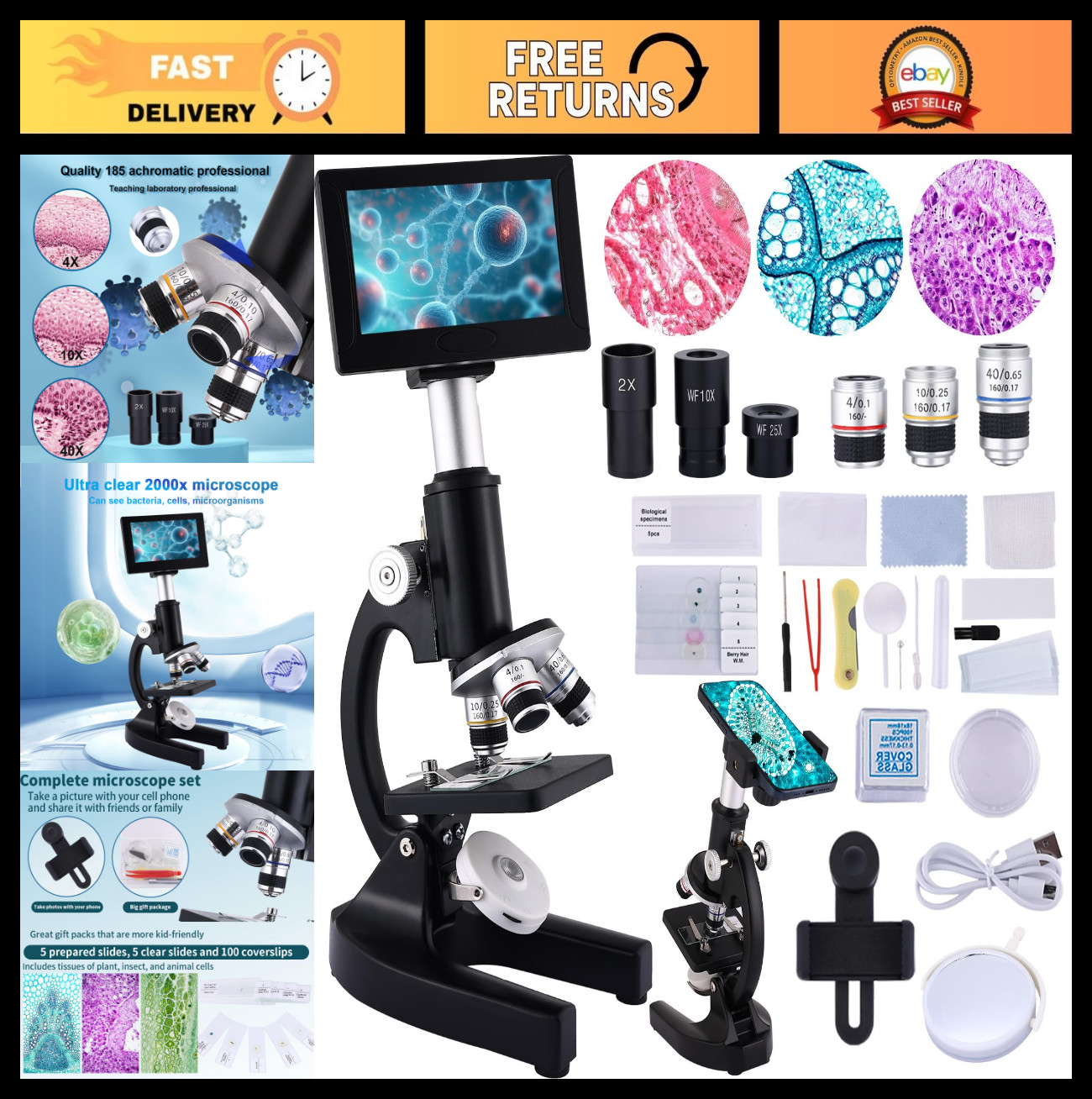High-Power Microscope 40X-2500X Magnification, 4.3" Display, 5MP Camera, Eyepiec
