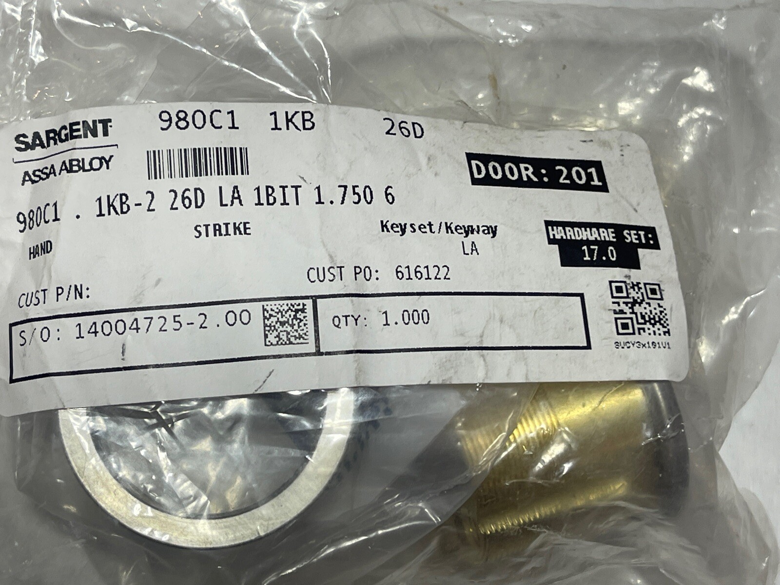 SARGENT CYLINDER 980C1 1KB-2 26D LA 1BIT 1.750 6 with 2 Keys