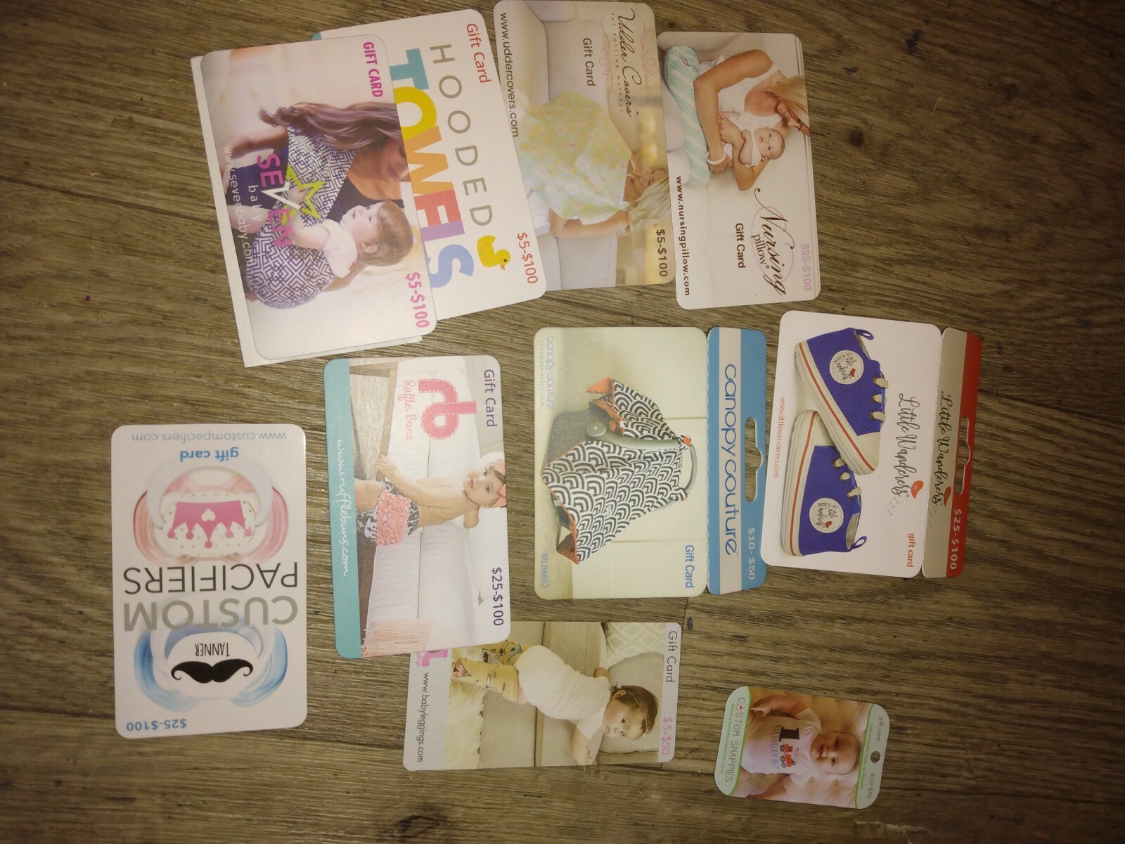 Lot of 10 - Baby Item Gift Cards - $450 value - Litter Wanderers, Seven, More!