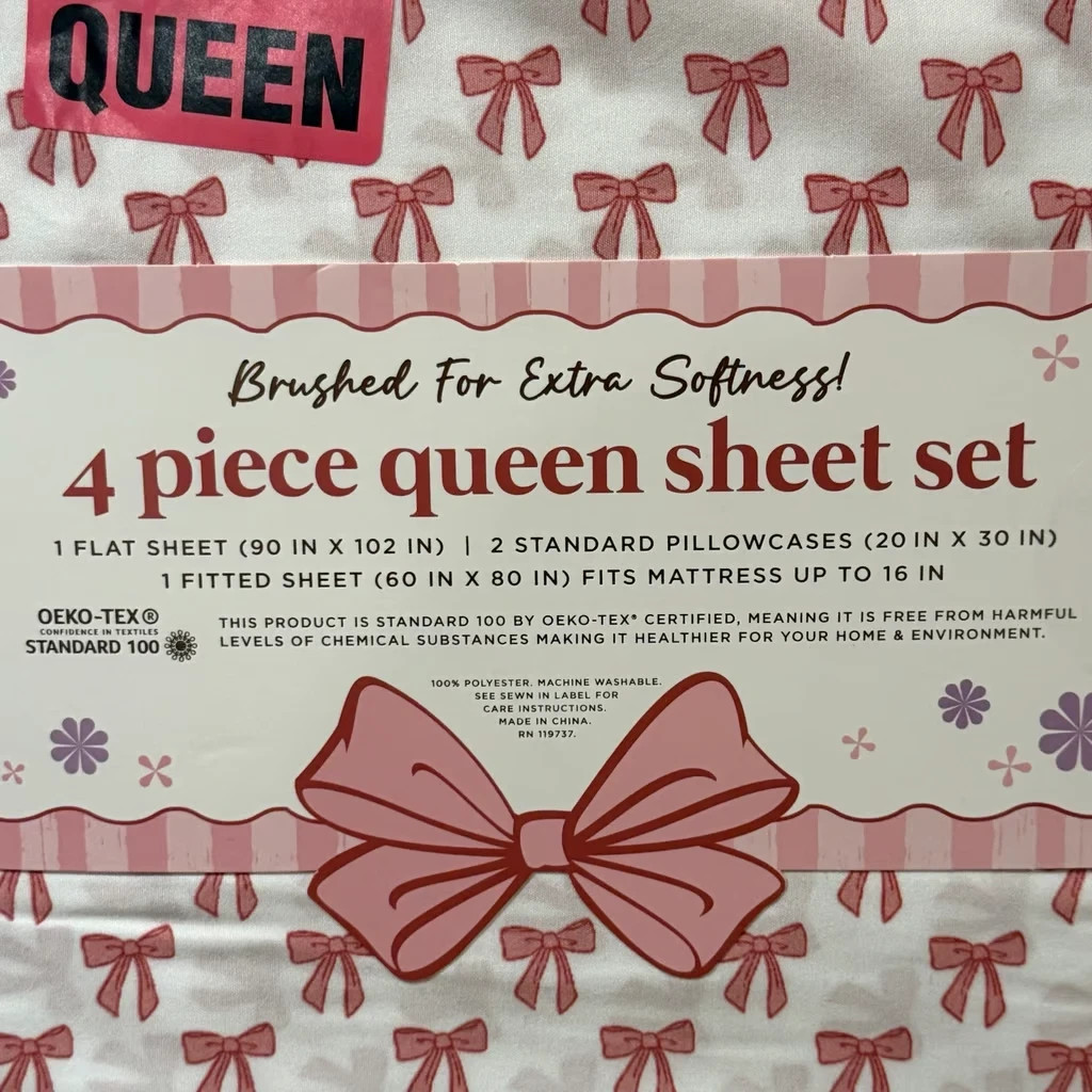 EnVogue Pink Bow Coquette Brushed for Extra Softness - 4pc - Queen Sheet Set