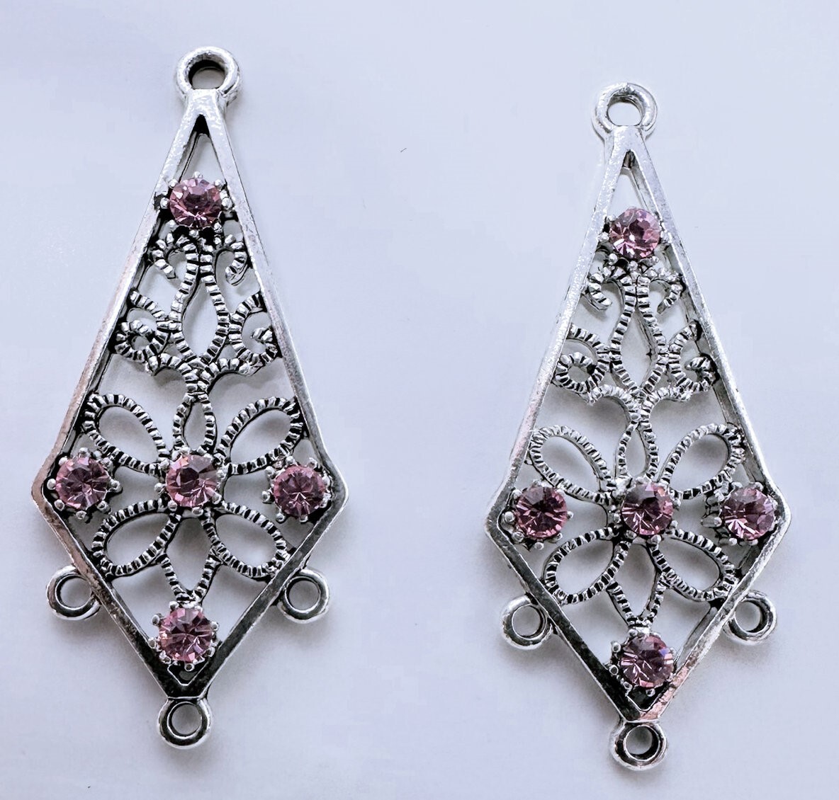 2 Antiqued Silver Pewter Earring Kites Made with Lt Rose Swarovski Crystals *