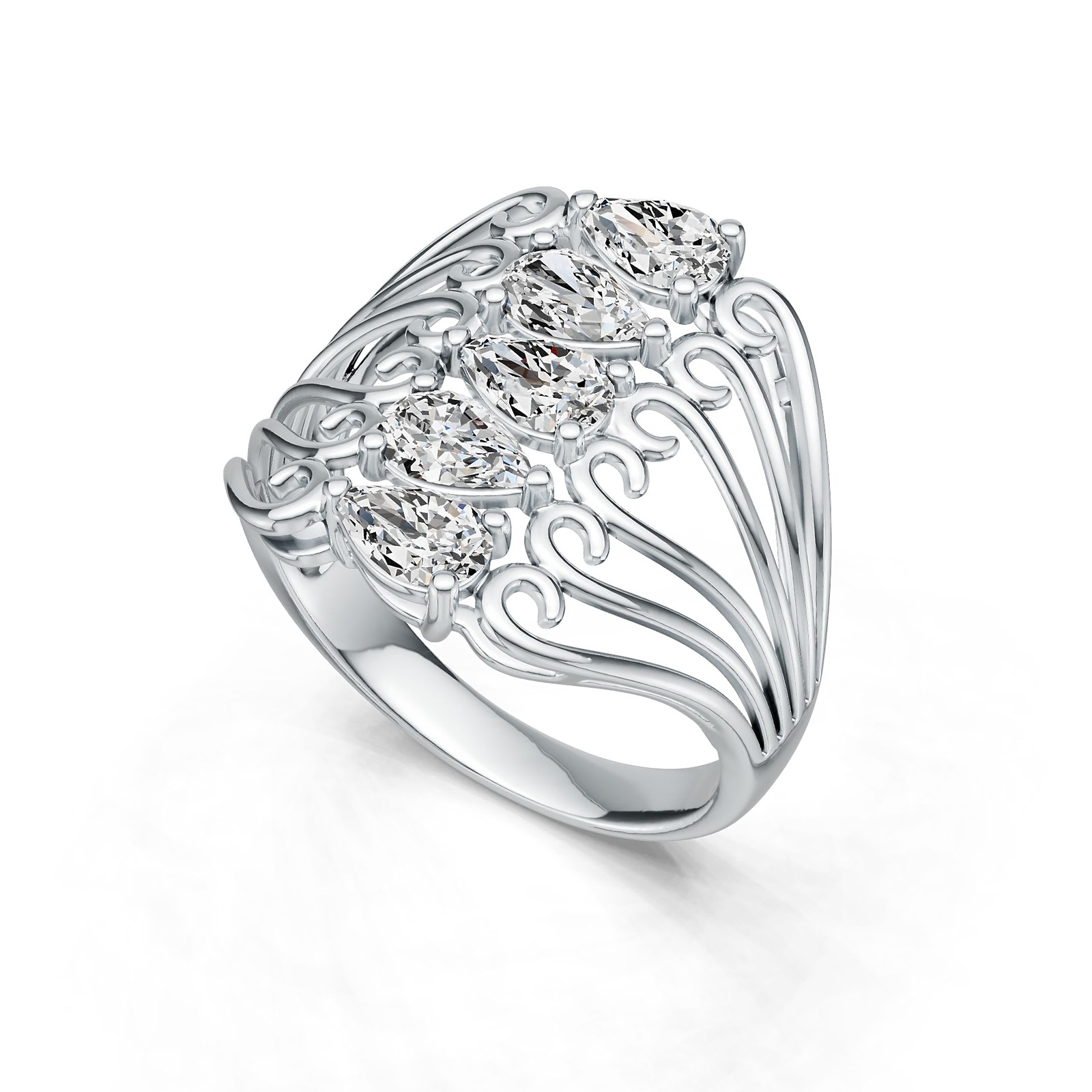 Sterling Silver Semi Mount Ring Setting Pear PE 6x4mm 5-Stone Ring Filigree