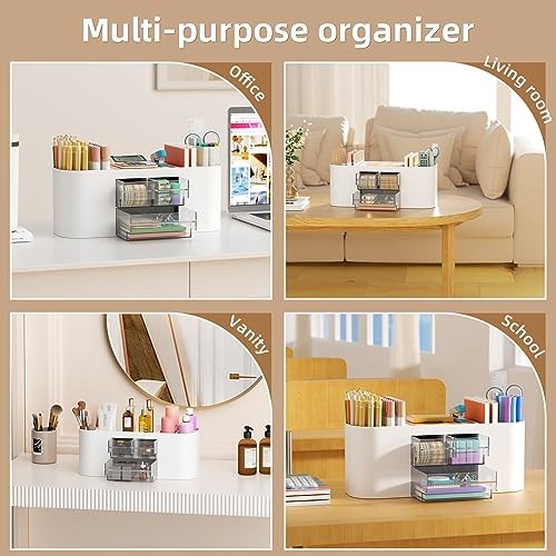 Desk Organizer Pen Holder for Desk with 3 Drawers, Multi-Functional White