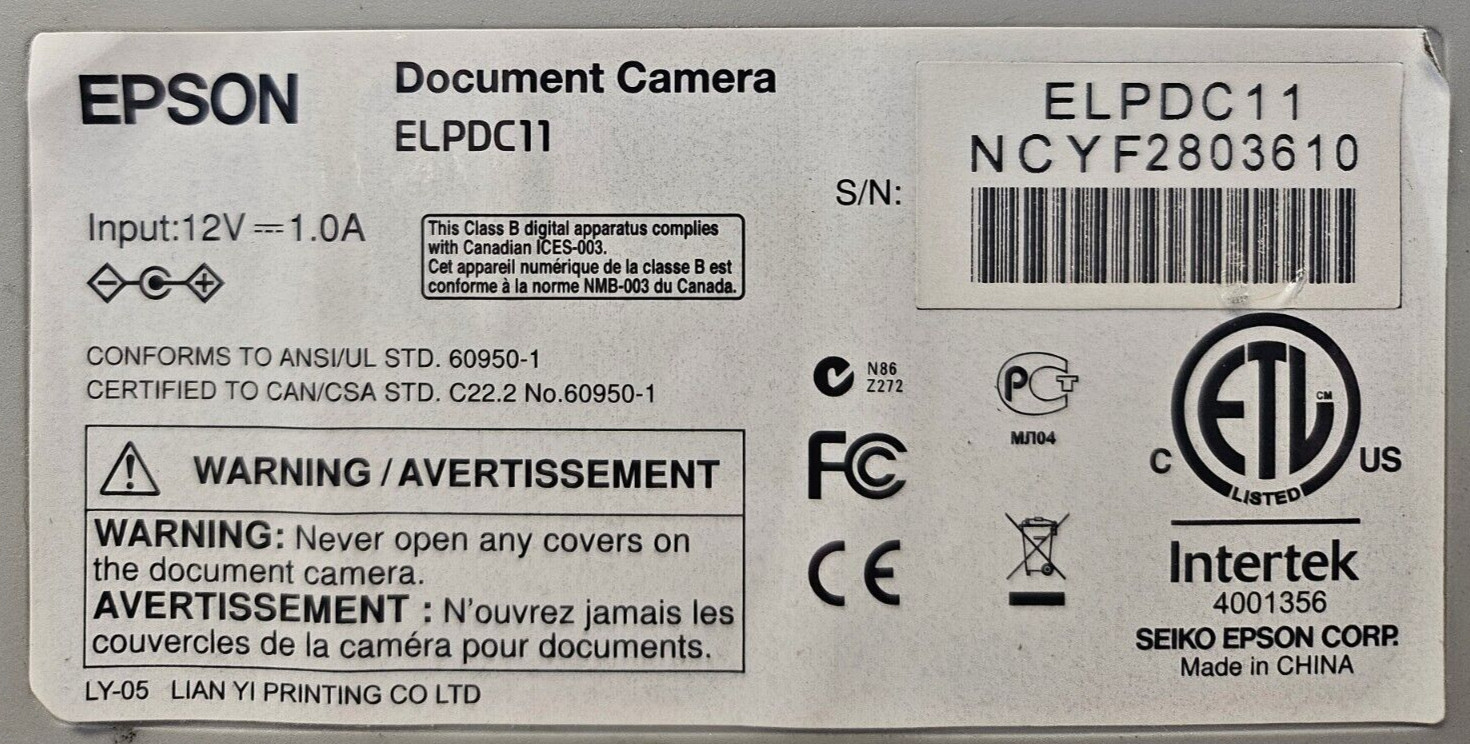Epson ELPDC11 Document Camera | Parts for Repair | Untested