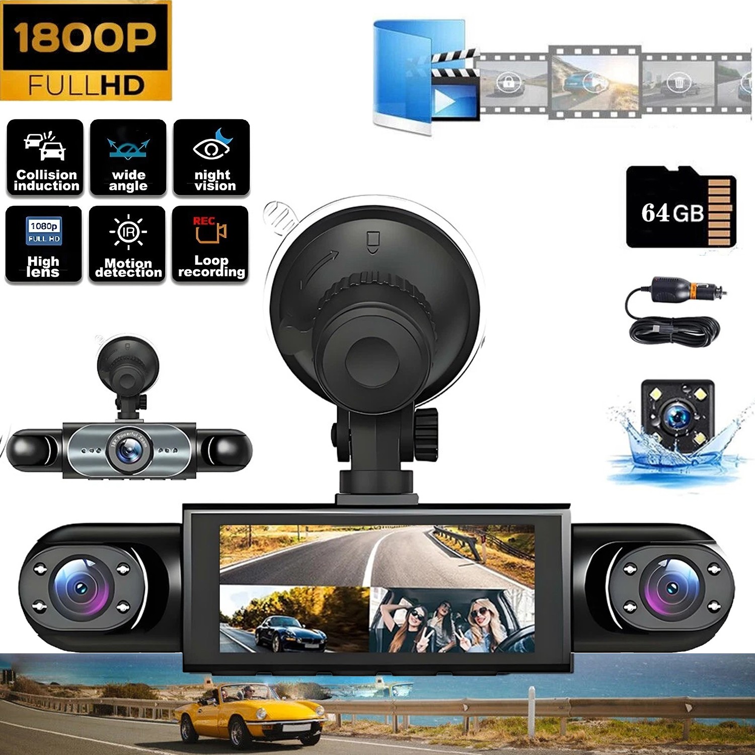4-Channel Dashcam 360° 1080P HD Car Dash Cam Front Rear Inside Left Right