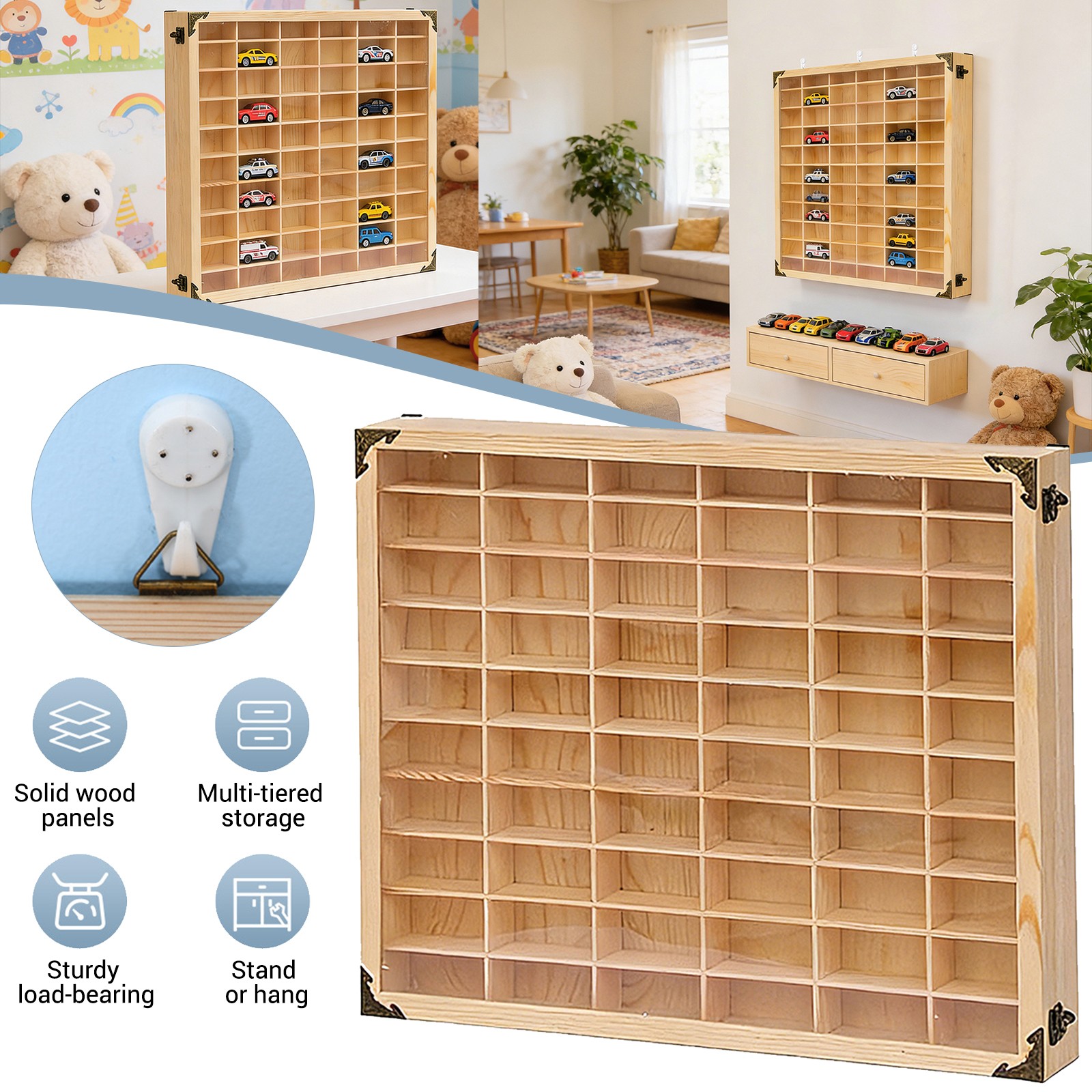 Wooden Wall Mount Display Case for Hotwheels 60 Space 1/64 Storage Organizer