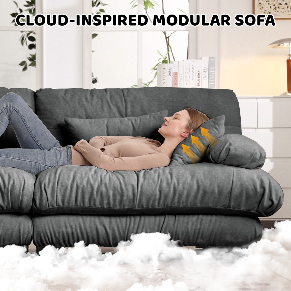 Gray Chenille Modular Sofa,4-Seater Cloud Couch + 2 Ottomans,Free Combination