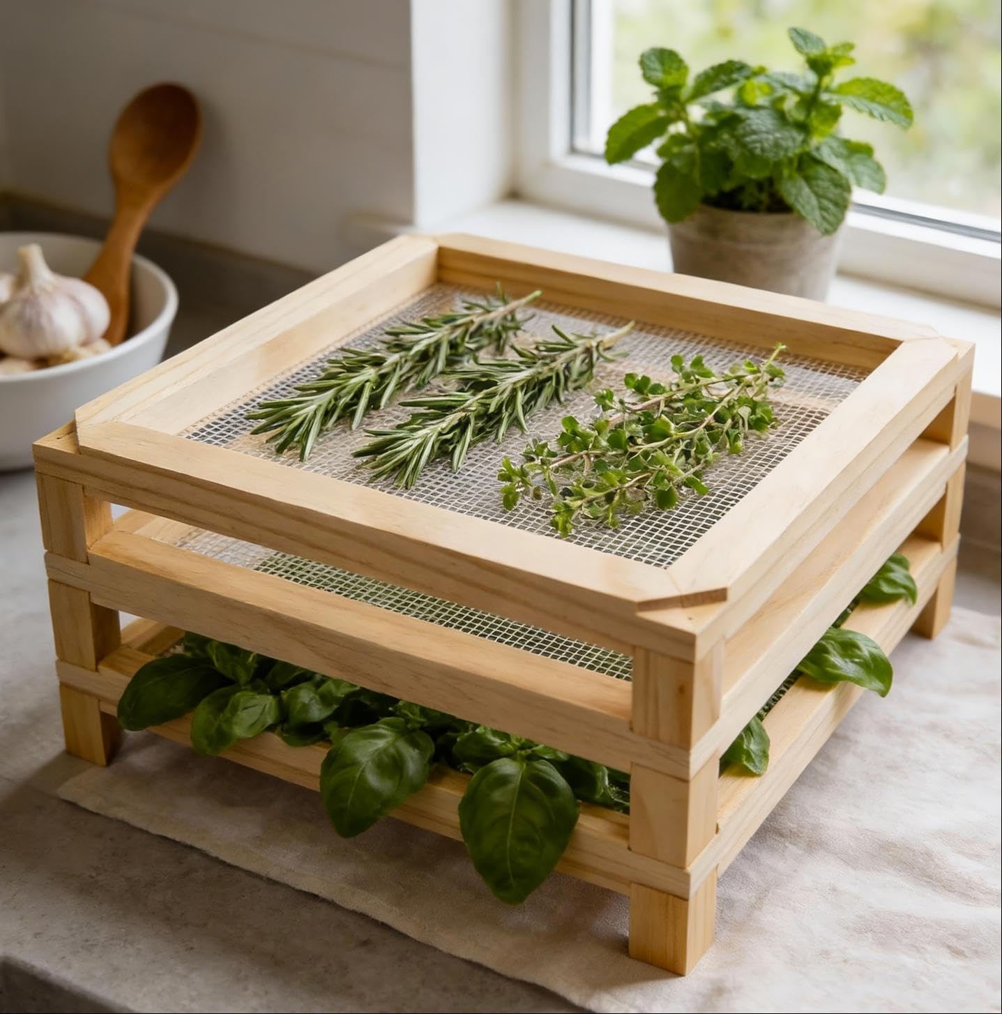 11.8 Inch Square Wooden Desktop Herb Drying Rack Mesh NoDrill Stackable
