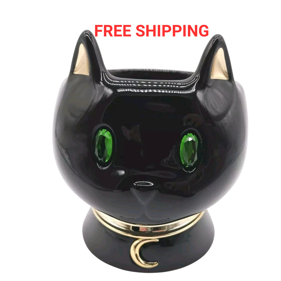Bath & Body Works 3-Wick Candle Holder BLACK CAT GREEN EYED Gold Color Accents
