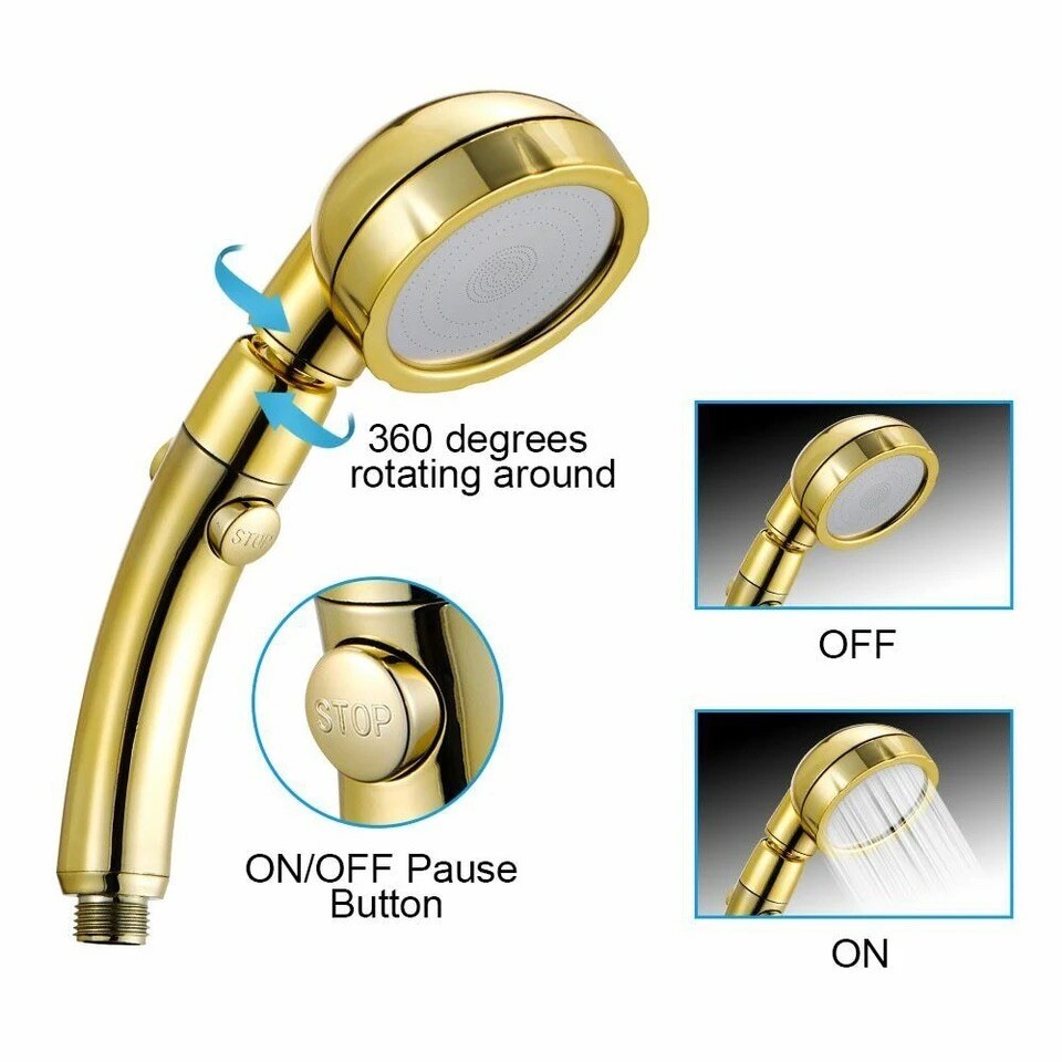 RV Hand Held Shower Head On Off Switch 3 Spray Water Pressure Hose Camper Gold