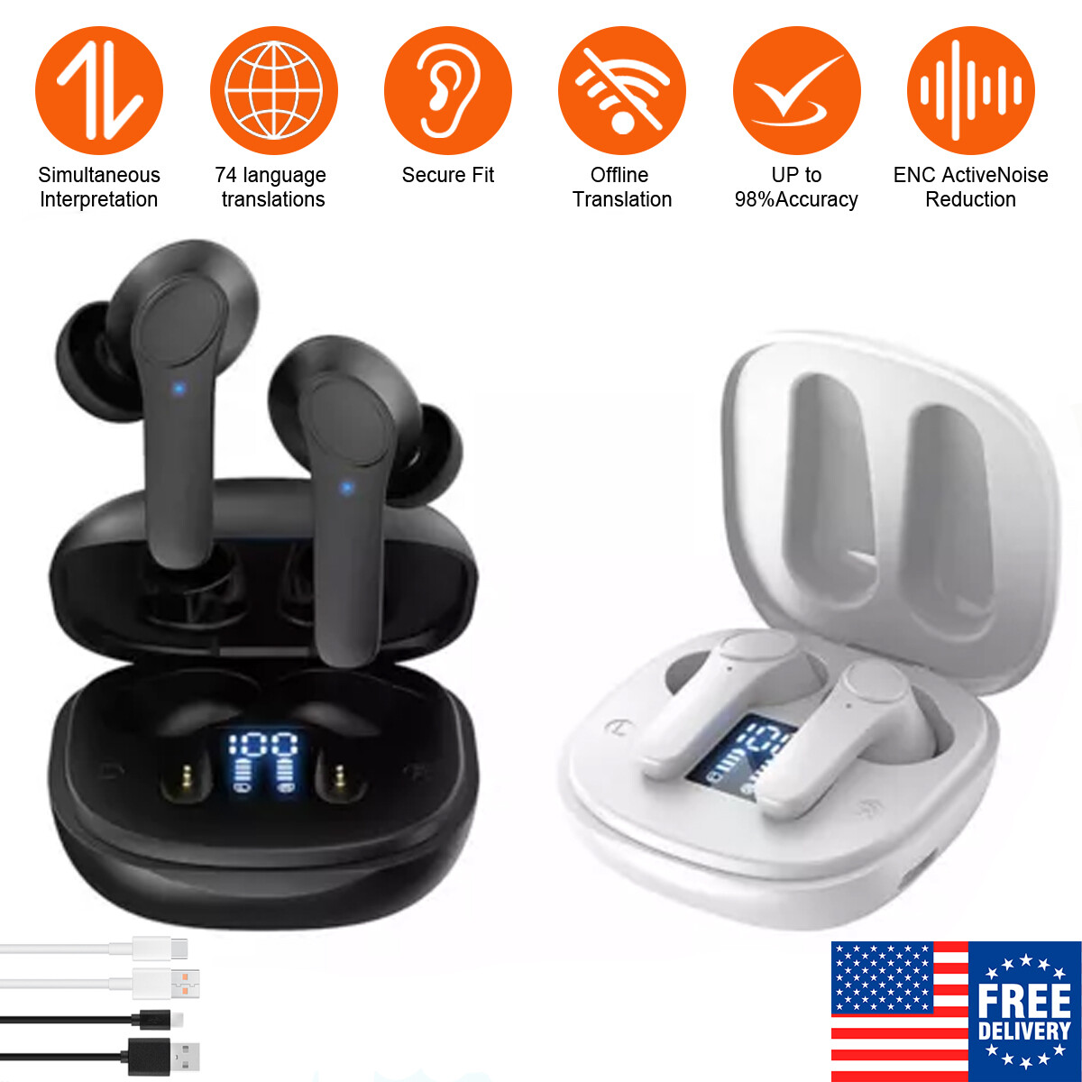 New Translator Earbuds 148 Languages Real Time Translator Earphones Smart Voice.