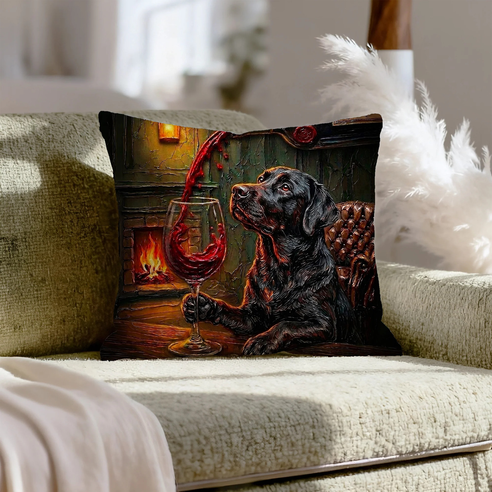 "Wine & Woof" - Labrador Pillow Cover - Dog Lover Home Decor