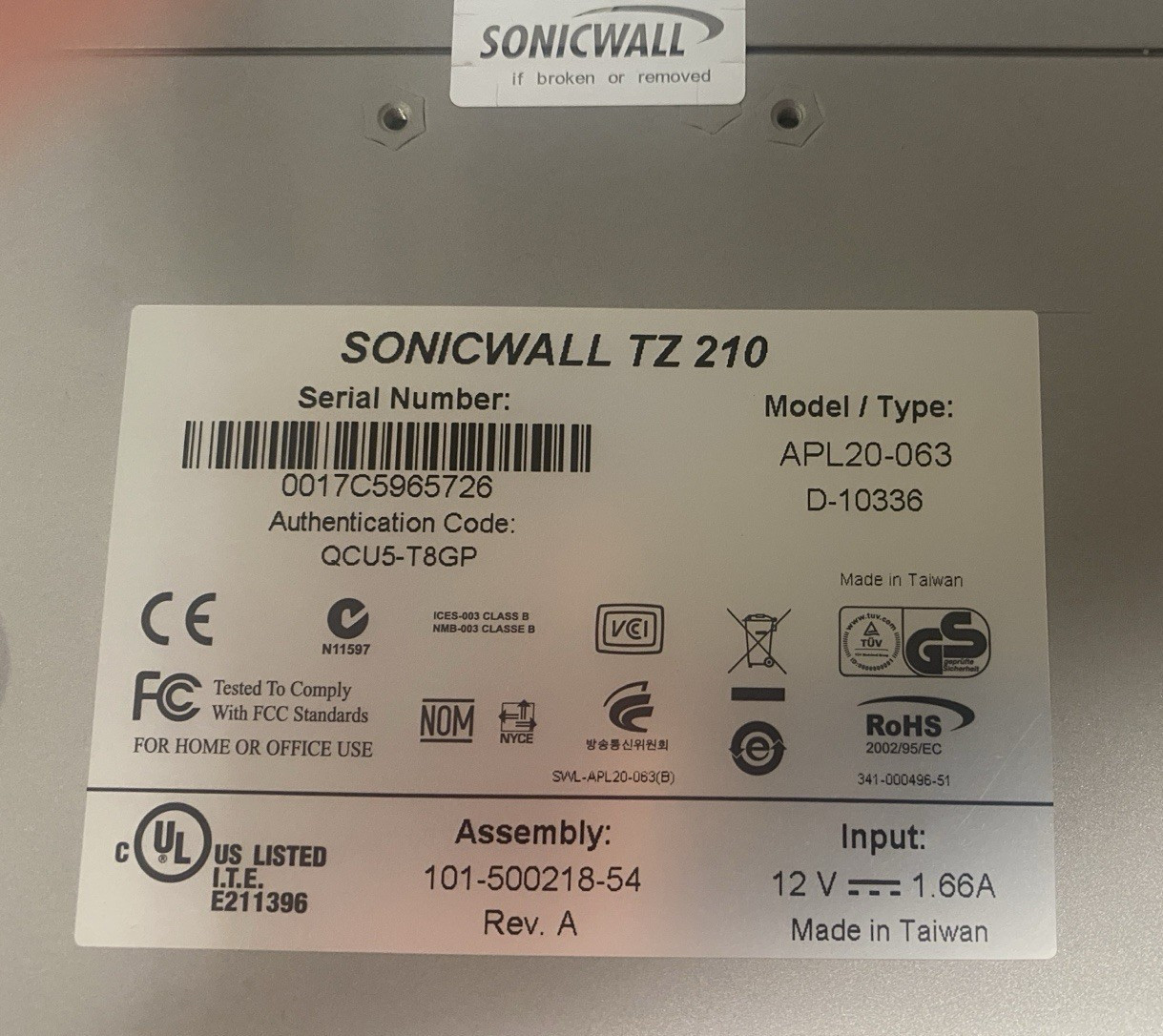 SonicWall TZ210 Firewall-Network Security Appliance APL20-063 w/Power Adapter