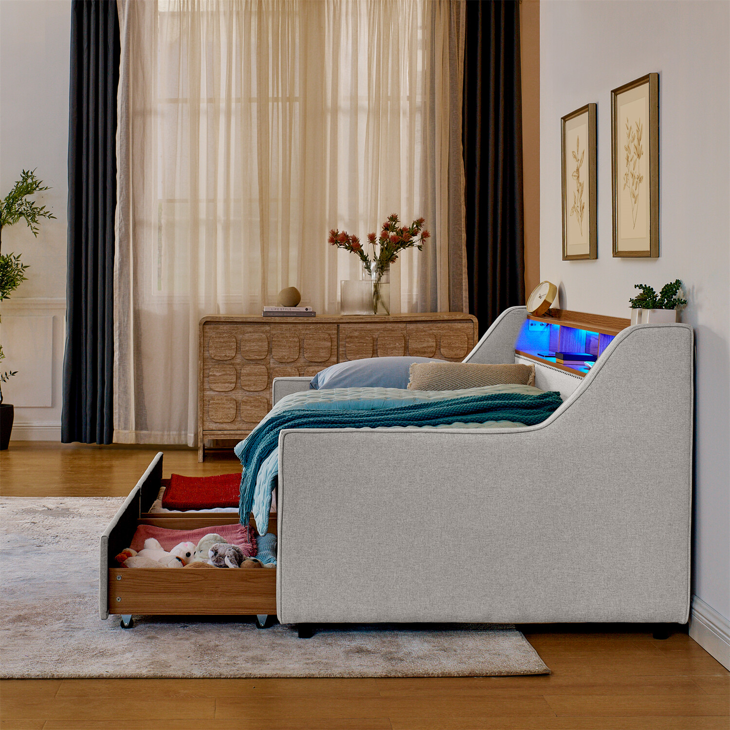 Twin Size Daybed Upholstered Bed Frame Sofa Bed w/ LED Lights & 2 Drawers