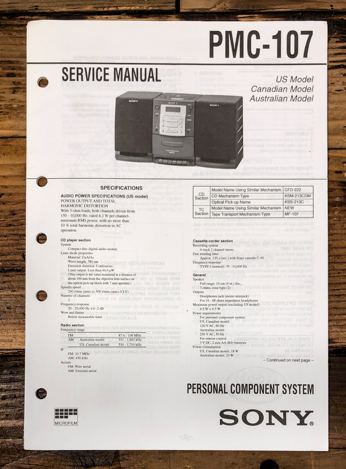 Sony PMC-107 Stereo Service Manual *Original*