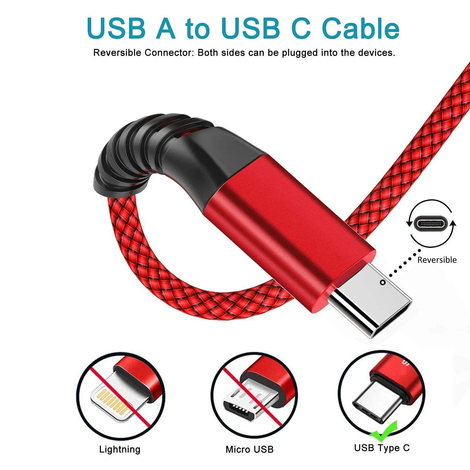 Brand New Braided RED USB to Type-C Fast Charging Data SYNC Charger Cable Cord2M