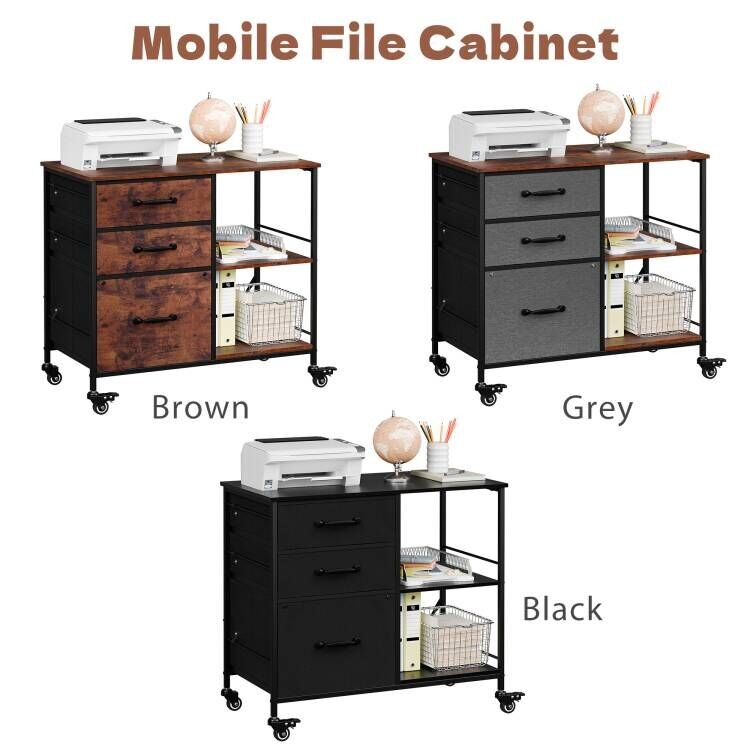 File Cabinet Rolling Stand w/ Open Shelf Fabric Lateral Filing Cabinet 3 Colors