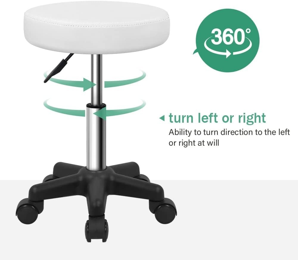 Elegant Height Adjustable Rolling Stool for Spa & Salon - Modern White Finish