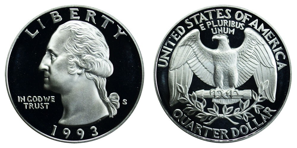 1993 S GEM BU PROOF WASHINGTON QUARTER BRILLIANT UNCIRCULATED PF/US COIN #7798