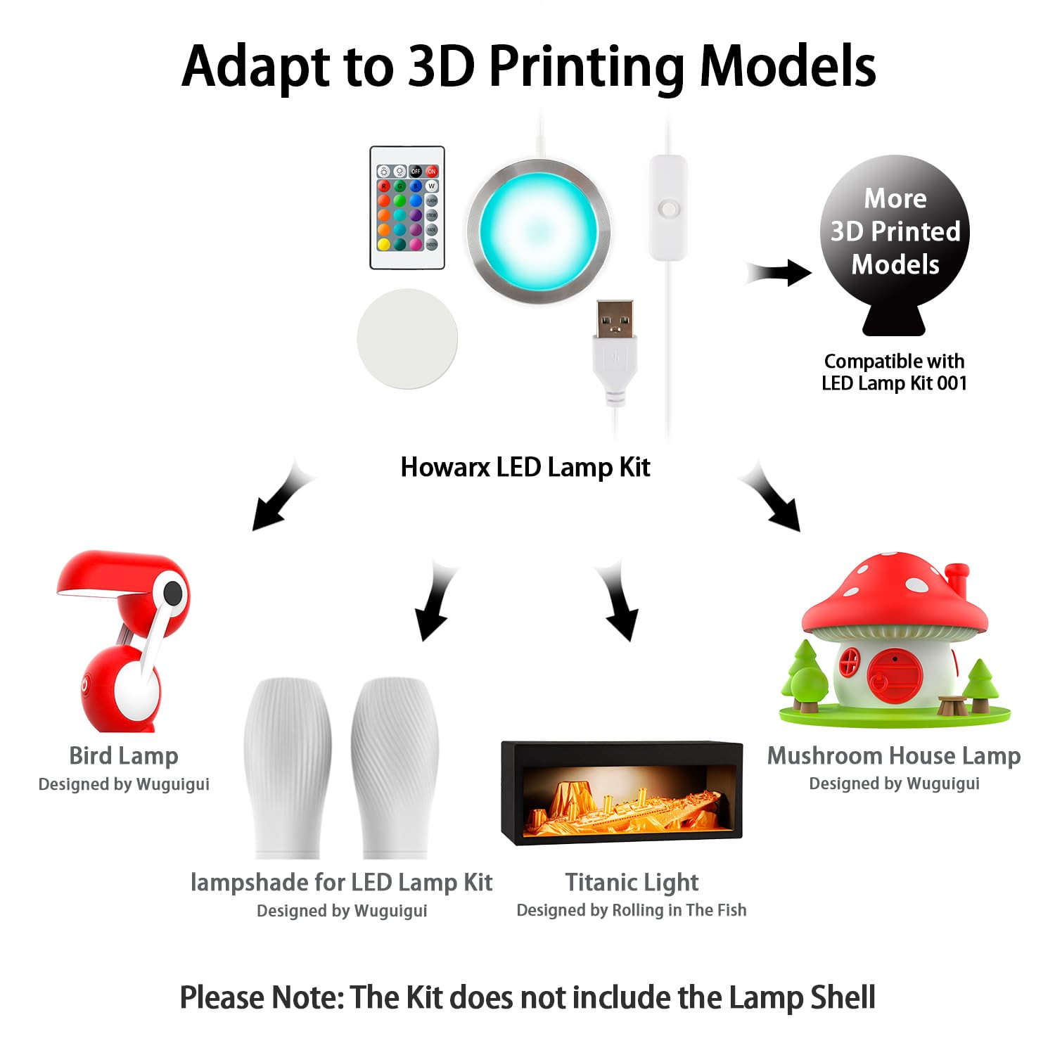 RGB 3D Printer LED Lamp Kit with Remote Control - 10 Set, USB Powered
