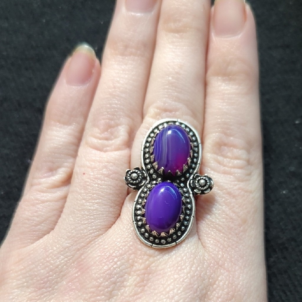Silver Plated Purple Banded Agate Gemstone Two Stone Statement Ring - size 7-9
