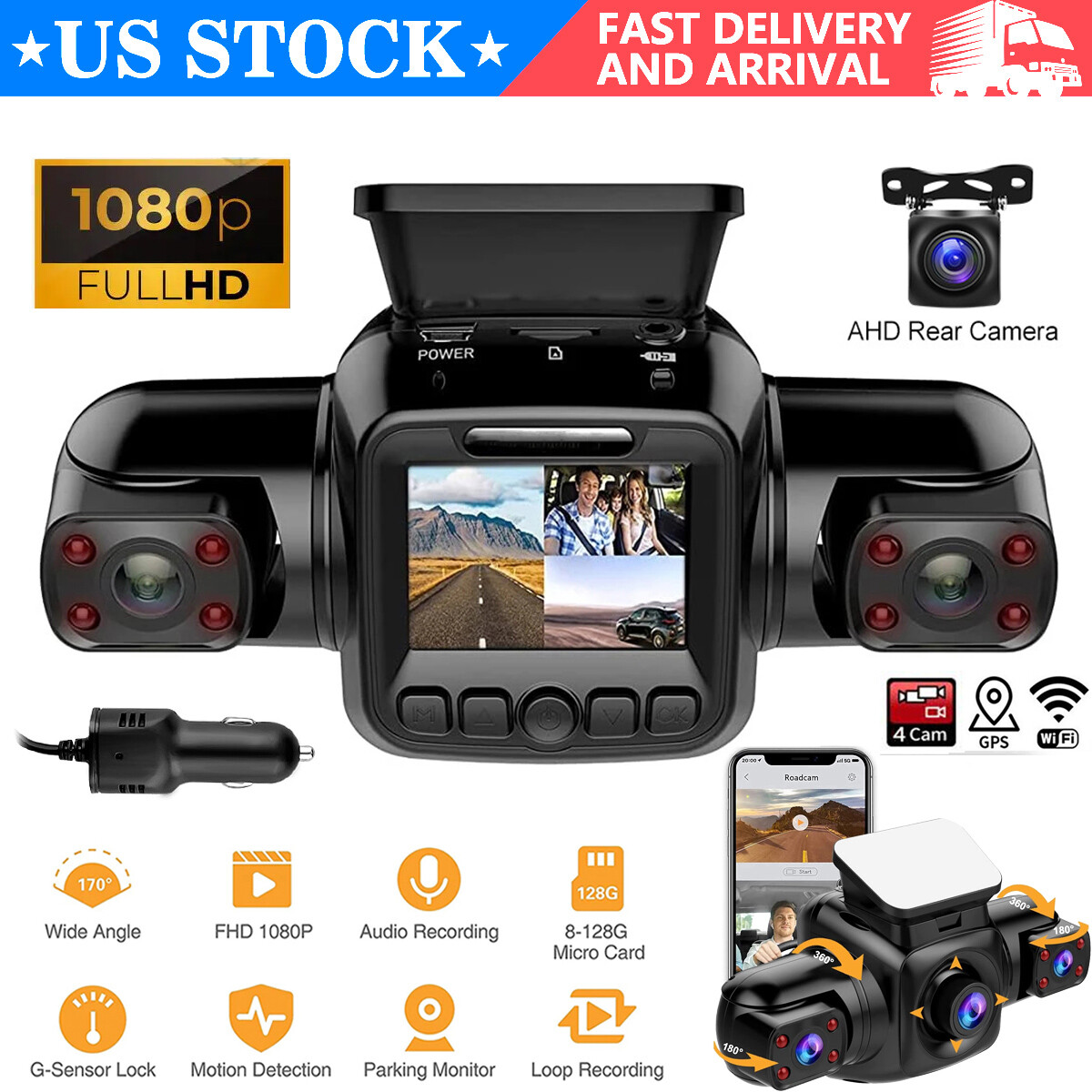 360° Panoramic WiFi Dash Cam 4K 4 Channel Driving Recorder Car Front+Rear Camera