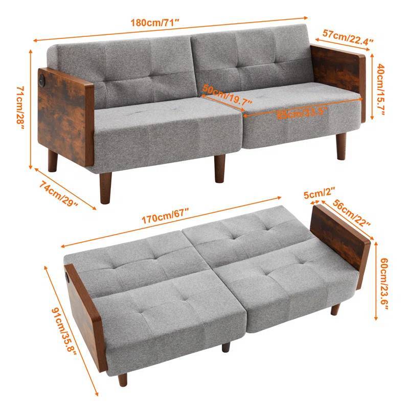 2 in 1 Convertible Folding Futon Sofa Bed Grey Fabric Upholstered Sleeper Couch
