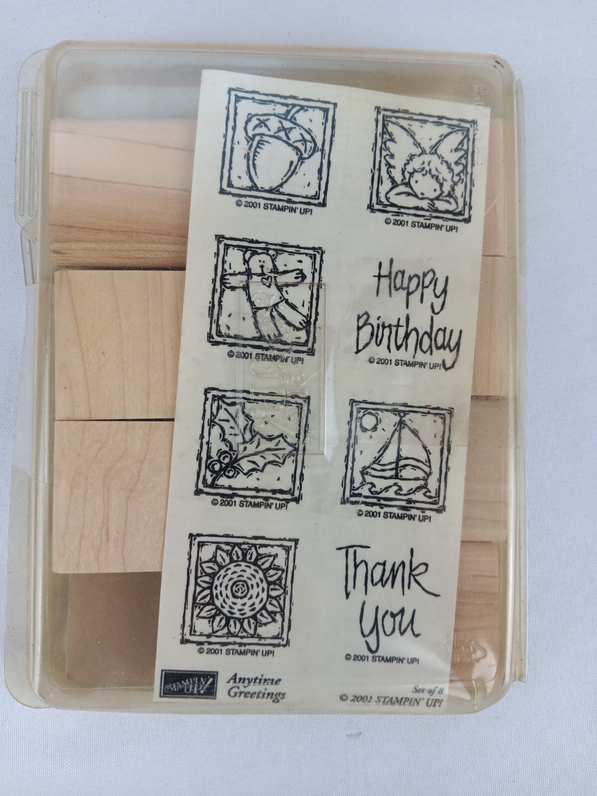 2001 Stampin Up Anytime Greetings Set of 8 Wooden Stamps New Unmounted Fast Ship