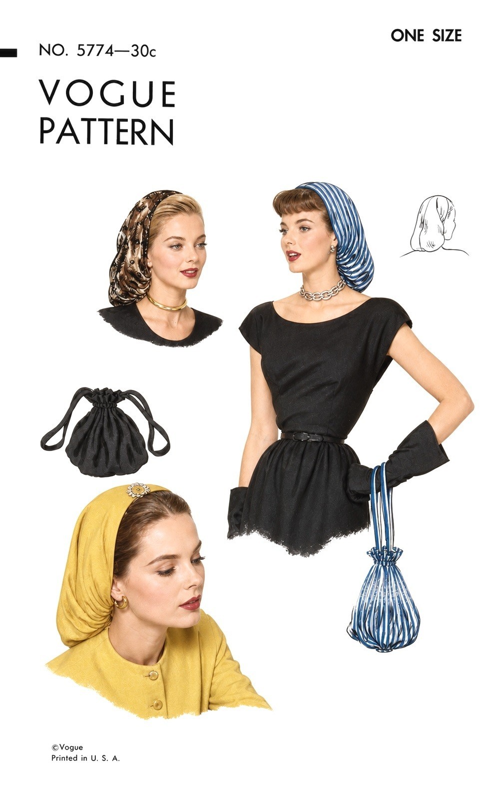 SNOOD Hat & BAG Sewing Pattern Vogue 5774 UnPrinted 1940's-50's