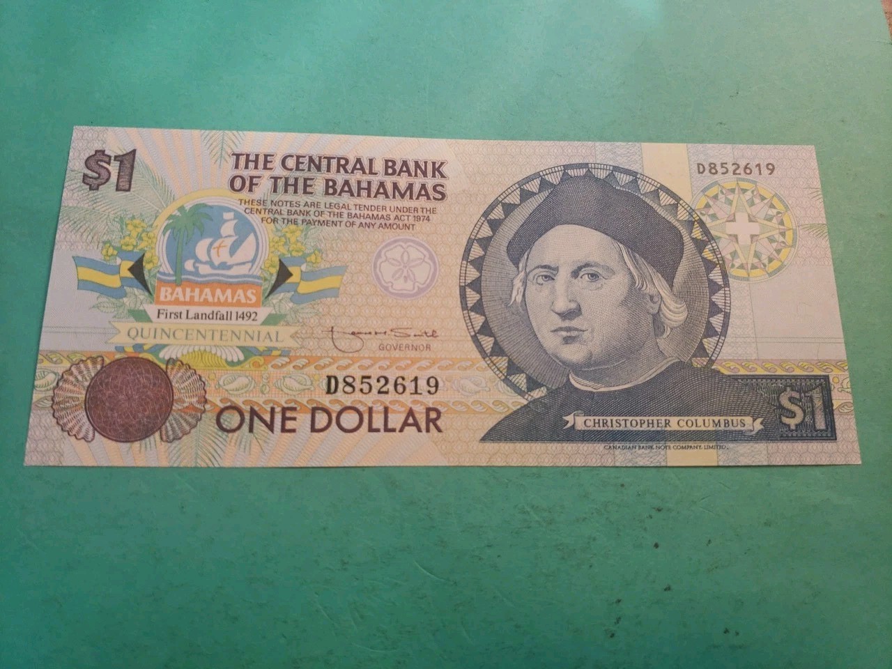 Beautiful 1992 Central Bank Of Bahamas $1 Gem Bank Note