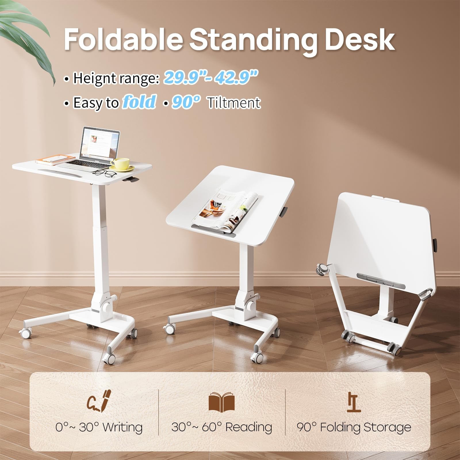 Foldable Mobile Standing Desk, Rolling Laptop Cart, White