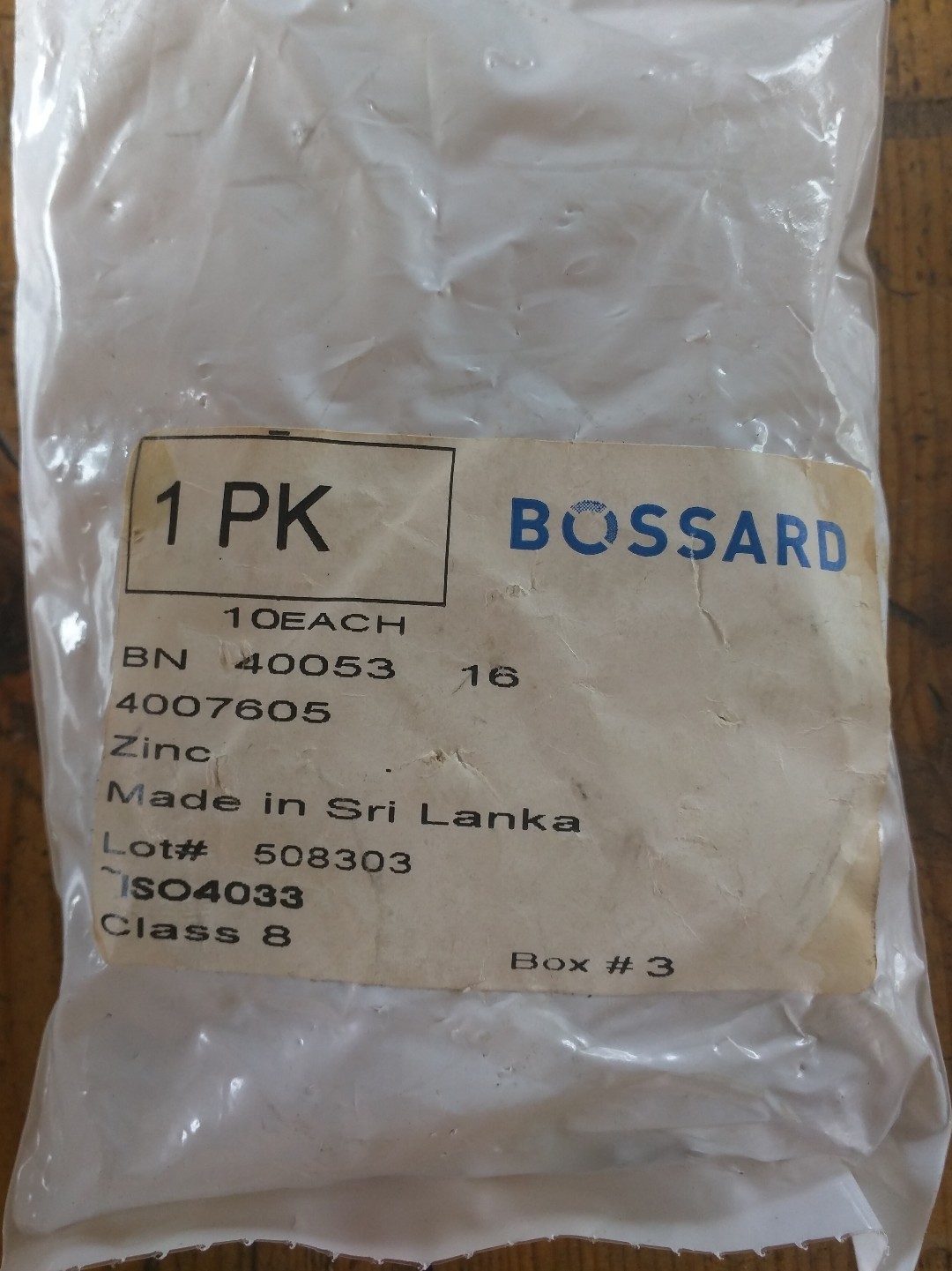 BAG OF 10 Nuts BOSSARD BN 40053  ZINC 4007605 Class 8 Made in Sri Lanka