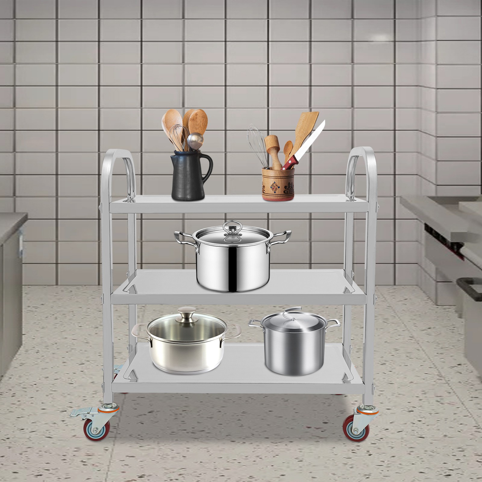 3-Tier Kitchen Trolley Cart Utility Serving Rolling Shelf Stainless Steel 250lbs