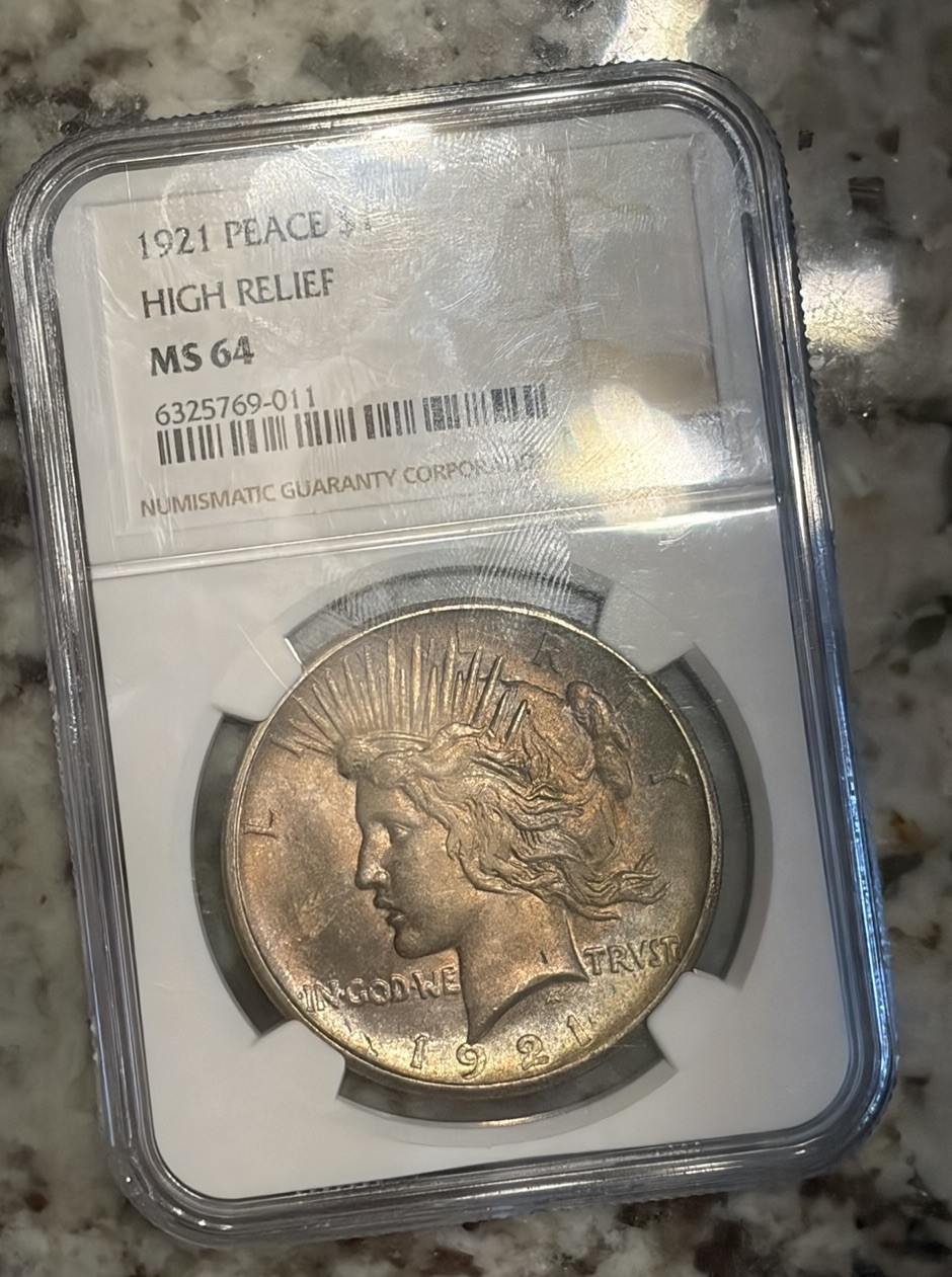 1921 High Relief Peace Dollar Ms64 Toned , Slab Has Chip