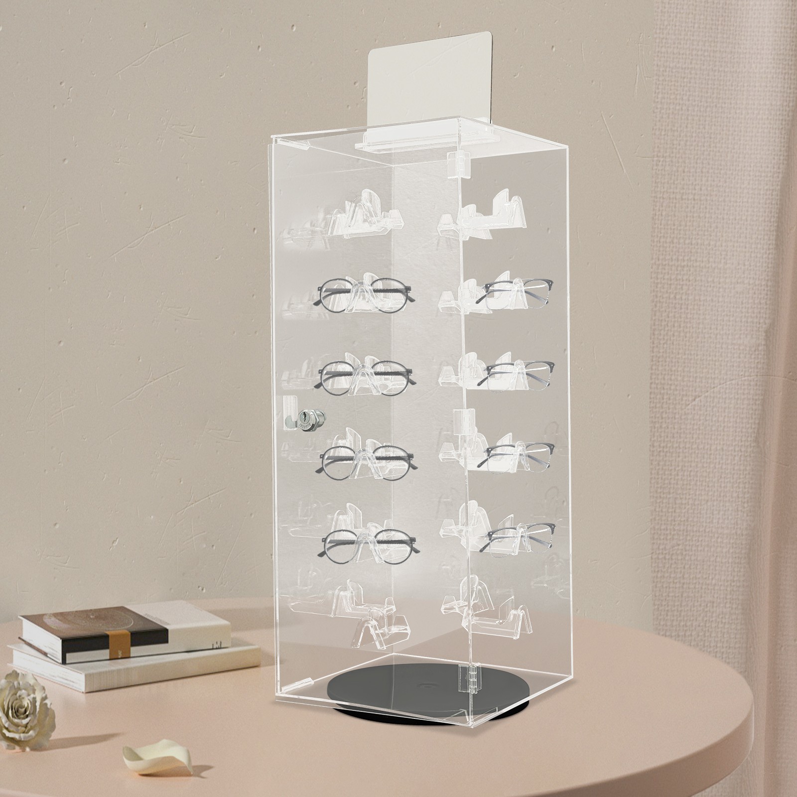 Acrylic Eyeglass Display Case - 360° Rotating Lockable Organizer for 24 Pairs