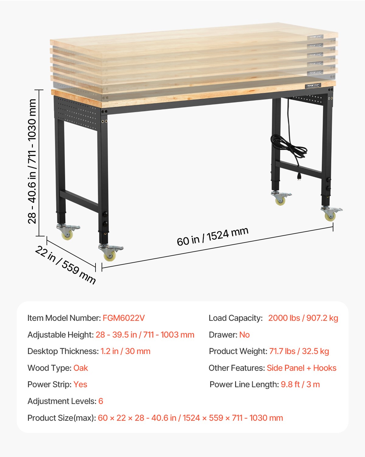 VEVOR 60"Workbench on Wheels Adjustable Height Table with Power Outlet &Pegboard