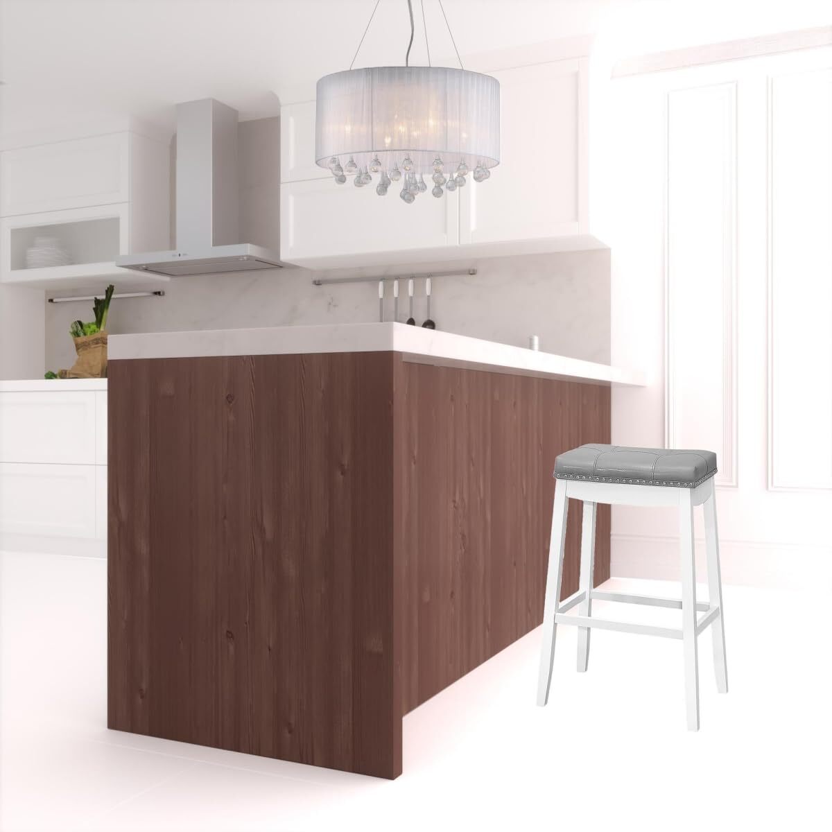 Set of Two 30  Gray And White Faux Leather And Solid Wood Backless Bar Height