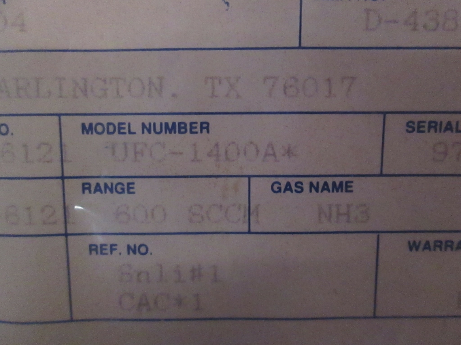 Unit UFC-1400A Mass Flow Controller MFC, NH3, 600 SCCM, Refurb