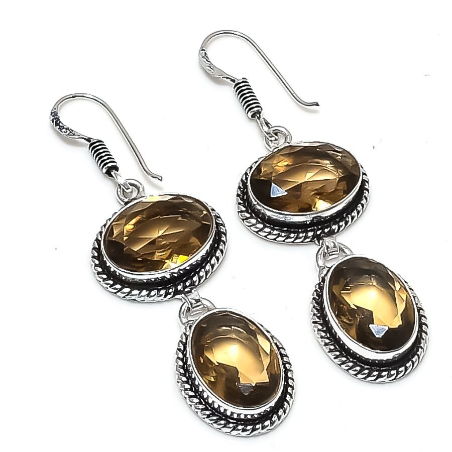 Smoky Quartz Gemstone Handmade 925 Sterling Silver Jewelry Earring Size 1.9"