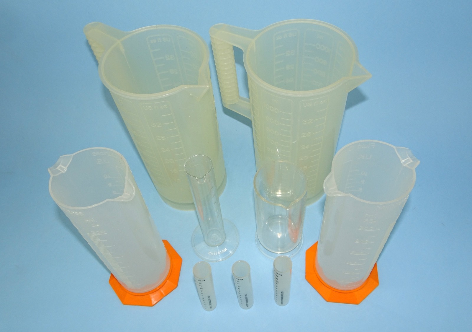 Darkroom equipment - chemical measuring jugs by Paterson, Photax, etc
