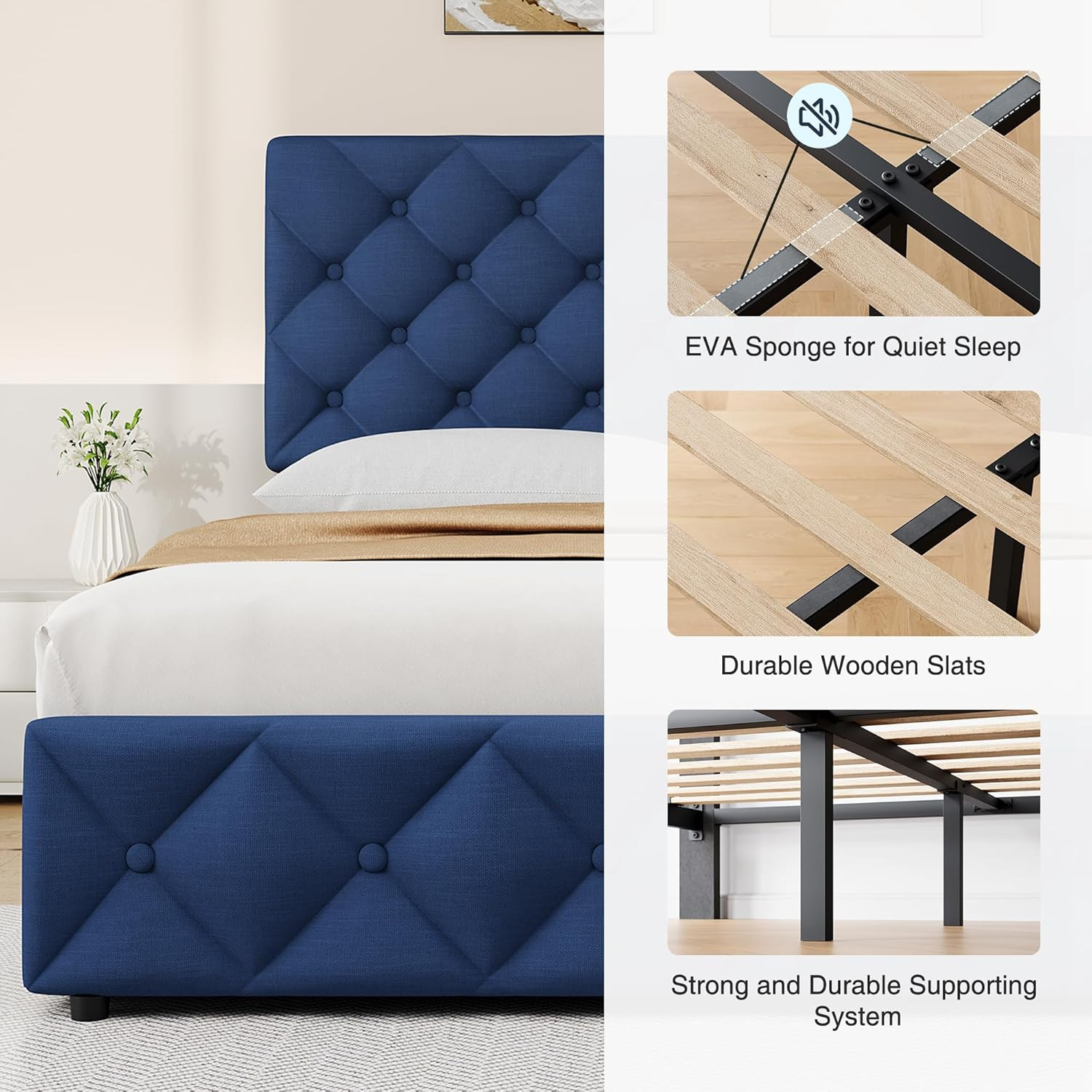 Stylish King Size Bed Frame with Storage Drawers & Adjustable Headboard - Blue