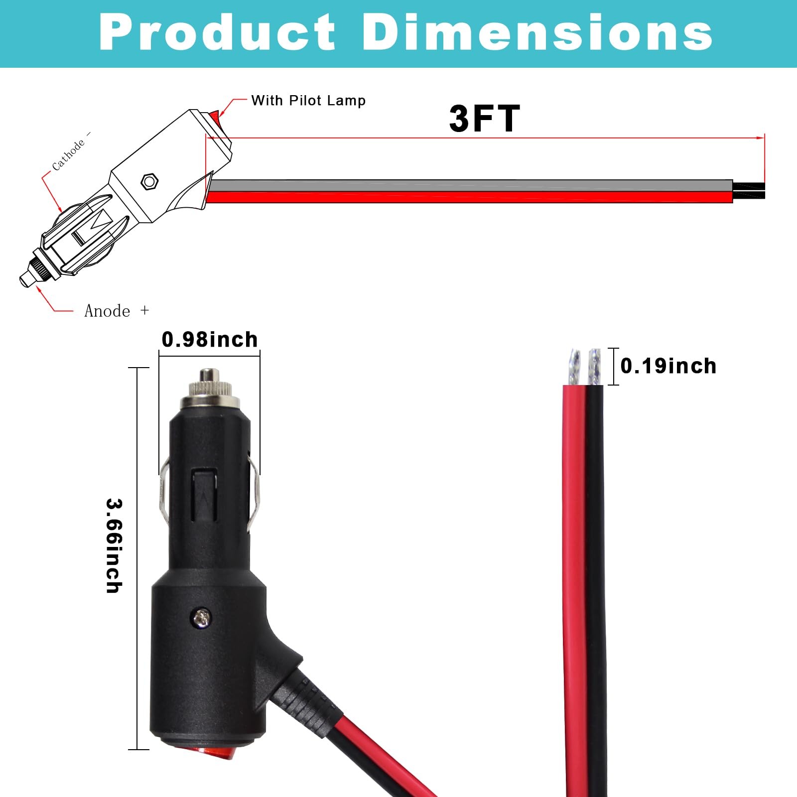 12Volt Replacement Cigarette Lighter Male Plug with On Off 3FT, red and black