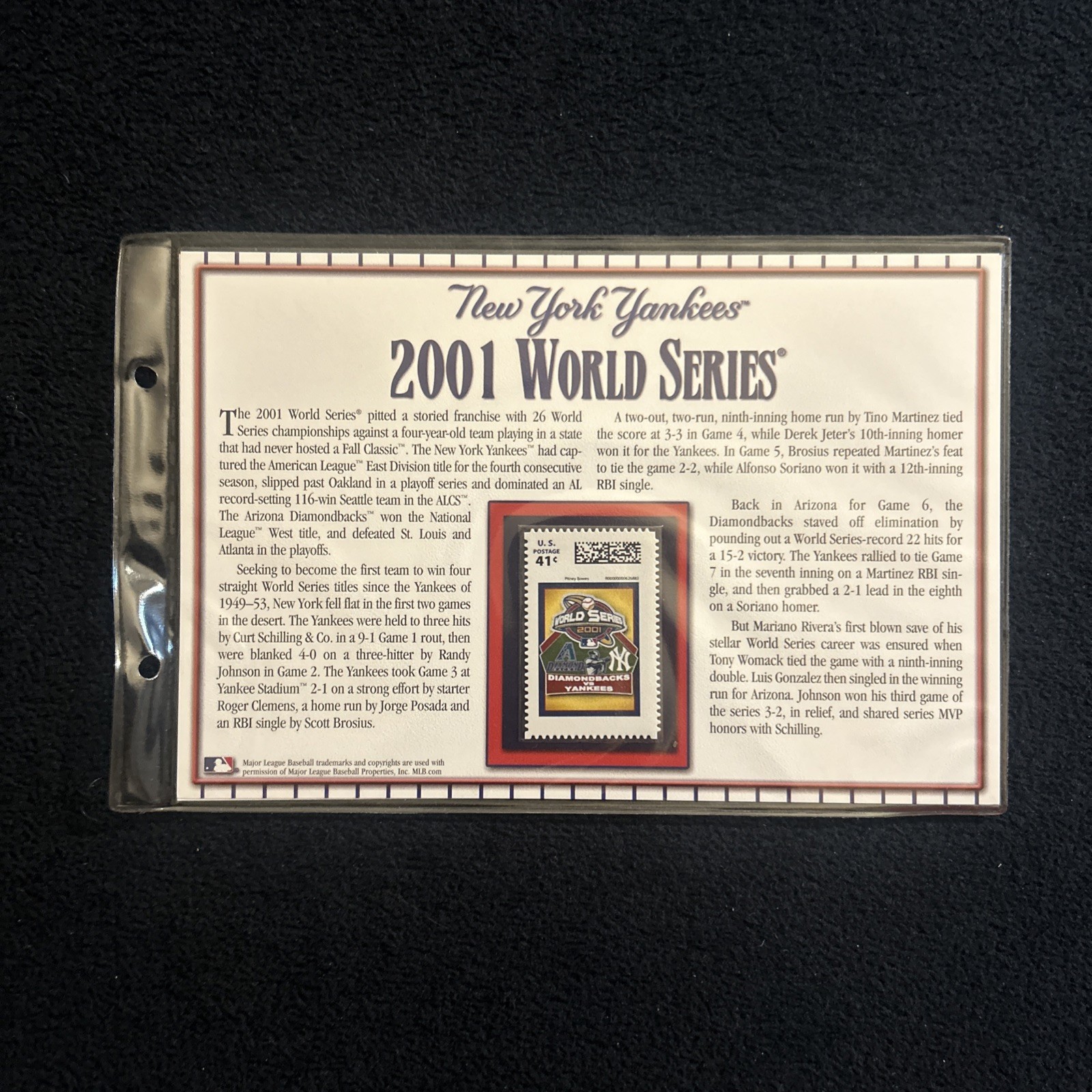 2001 Yankees vs Diamondbacks World Series Stamp Sheet Stats Collectible MLB