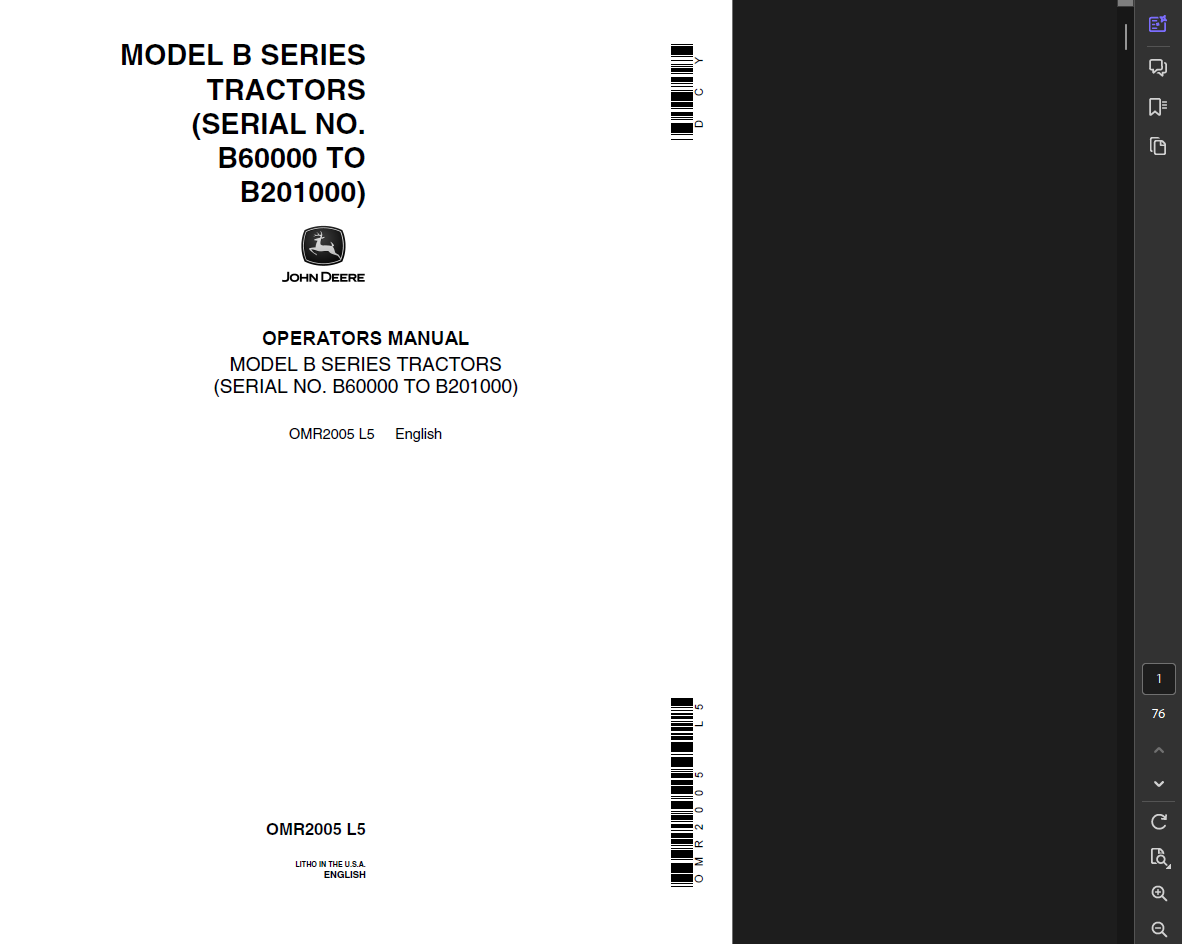 JOHN DEERE MODEL B TRACTOR OWNER OPERATORS MANUAL PDF FILE ON USB